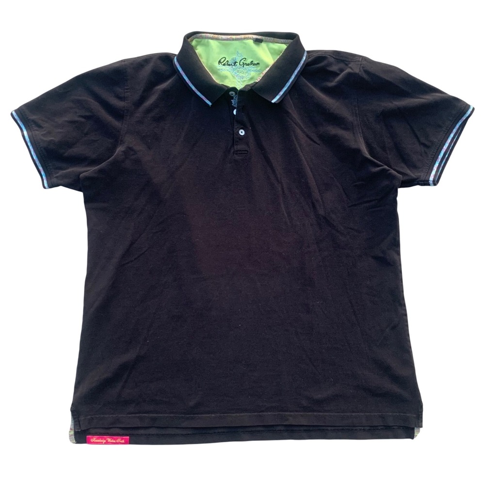 Robert Graham 2XL Black Polo Shirt Short Sleeve Paisley Trim Knowledge Wisdom